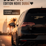 Vue de la Golf 7R Black Edition garée à Dubaï, montrant son design élégant et moderne.
