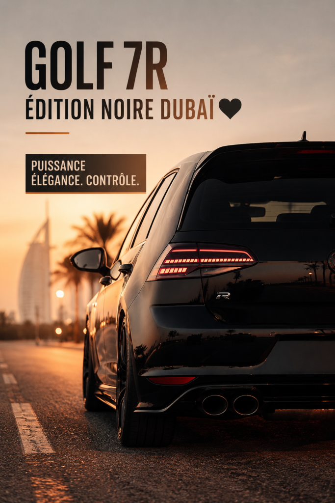 Vue de la Golf 7R Black Edition garée à Dubaï, montrant son design élégant et moderne.
