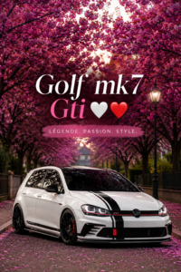 Une golf MK7 GTI rouge, devant un paysage urbain moderne, mettant en valeur son design sportif.