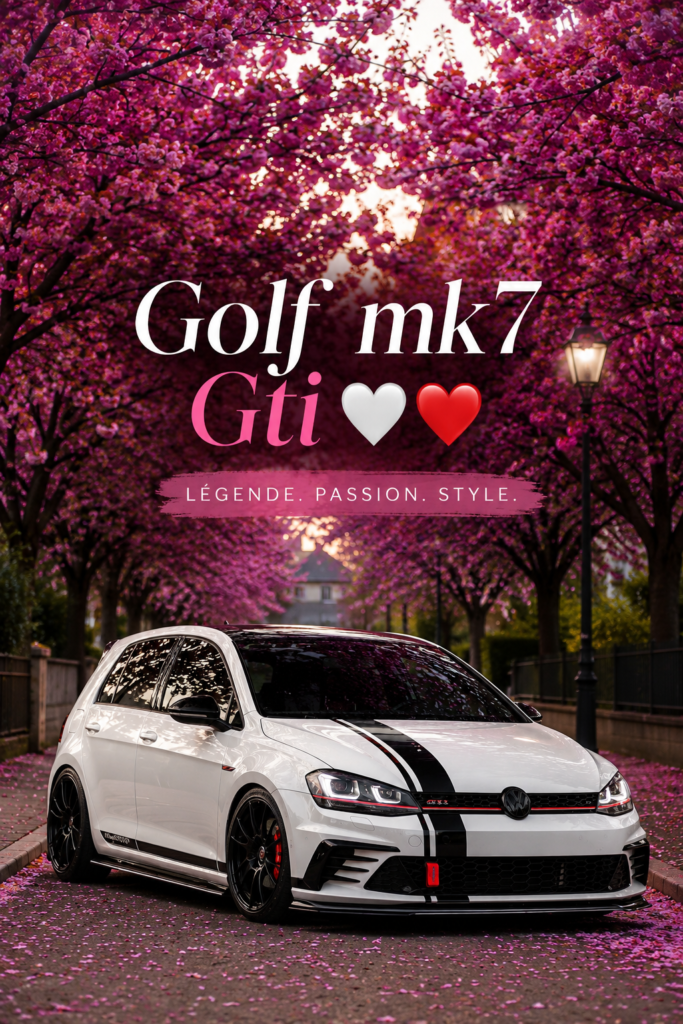 Une golf MK7 GTI rouge, devant un paysage urbain moderne, mettant en valeur son design sportif.