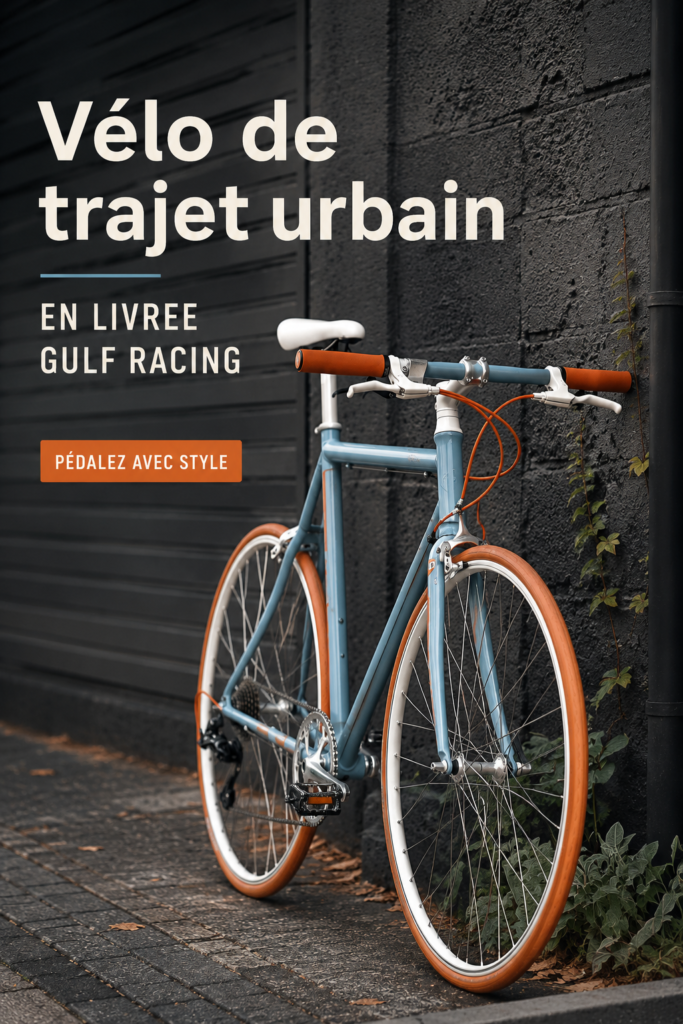 Femme avec un vélo Gulf Racing au design audacieux, prête pour ses trajets quotidiens.