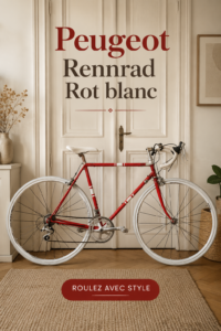 Vélo de course Peugeot rouge et blanc sur fond écoresponsable