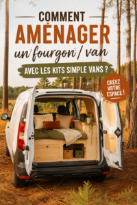Aménagement intérieur d'un fourgon avec des kits Simple Vans, montrant un espace cosy et fonctionnel.