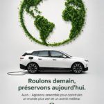 Voiture électrique sur une route entourée de verdure.