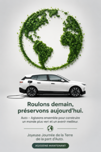 Voiture électrique sur une route entourée de verdure.