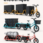 Un eBike cargo avec un enfant et des courses dans un panier, illustrant la praticité de ce mode de transport.