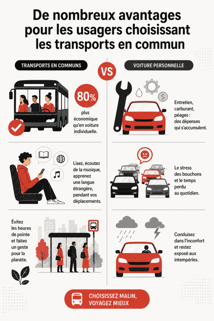 Une femme heureuse prenant les transports en commun, illustrant les avantages du transport public.