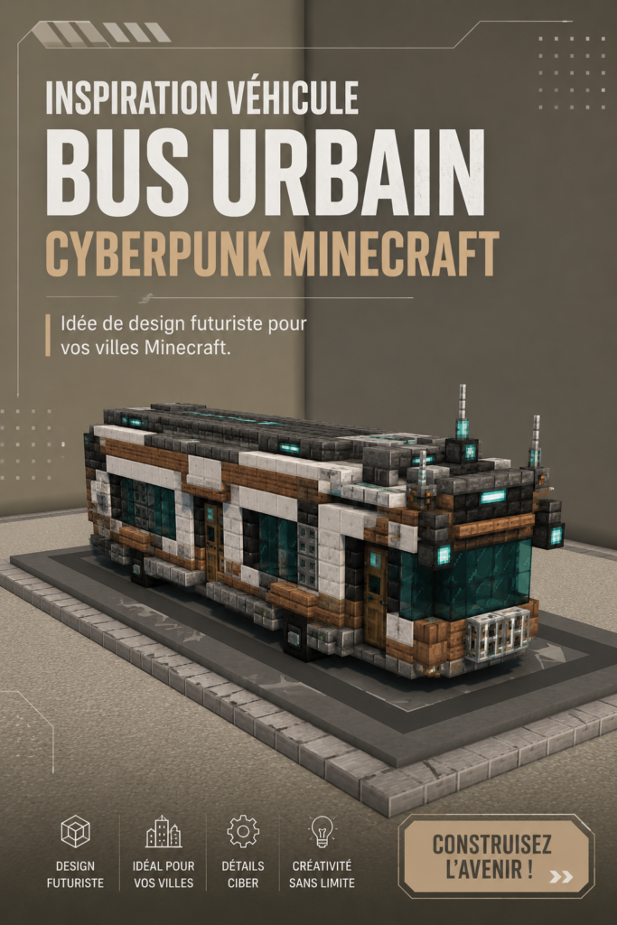 Un bus cyberpunk coloré et futuriste dans un monde Minecraft