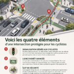 Carrefour protégé avec marquage pour cyclistes en milieu urbain.