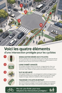 Carrefour protégé avec marquage pour cyclistes en milieu urbain.