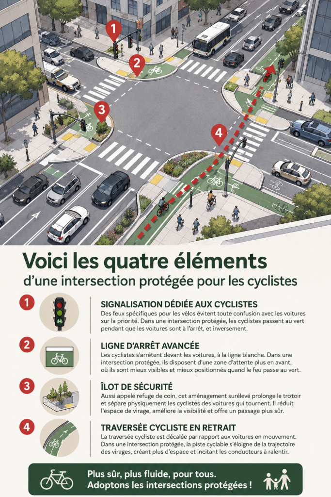 Carrefour protégé avec marquage pour cyclistes en milieu urbain.