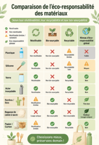 Comparaison des matériaux respectueux de l'environnement, affichant les options réutilisables, recyclables et biodégradables.