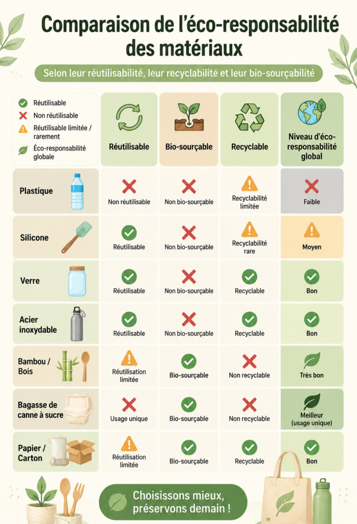 Comparaison des matériaux respectueux de l'environnement, affichant les options réutilisables, recyclables et biodégradables.