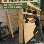 Abri à vélo en bois dans un jardin bien entretenu, montrant un rangement pratique et esthétique.