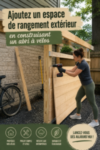 Abri à vélo en bois dans un jardin bien entretenu, montrant un rangement pratique et esthétique.