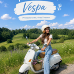 Une femme souriante sur une Vespa, roulant sur une route ensoleillée en pleine nature.