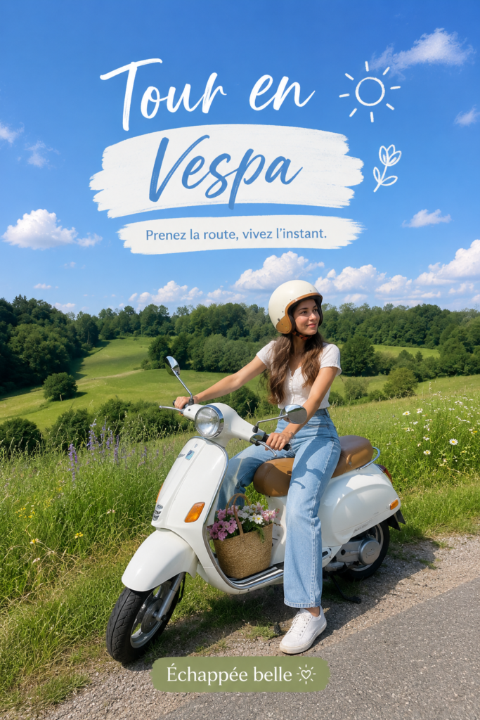 Une femme souriante sur une Vespa, roulant sur une route ensoleillée en pleine nature.