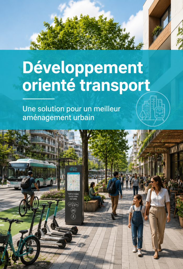 Une vue urbaine montrant des espaces verts et des transports en commun intégrés.