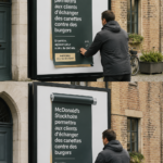 Un burger appétissant avec des canettes recyclées en arrière-plan, symbole d'initiative écologique de McDonald's.