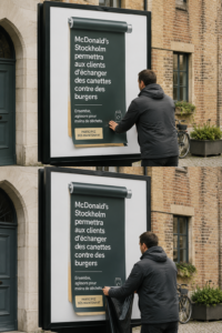 Un burger appétissant avec des canettes recyclées en arrière-plan, symbole d'initiative écologique de McDonald's.