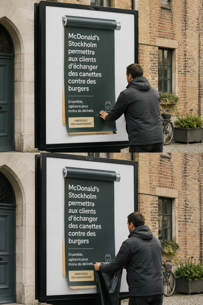 Un burger appétissant avec des canettes recyclées en arrière-plan, symbole d'initiative écologique de McDonald's.