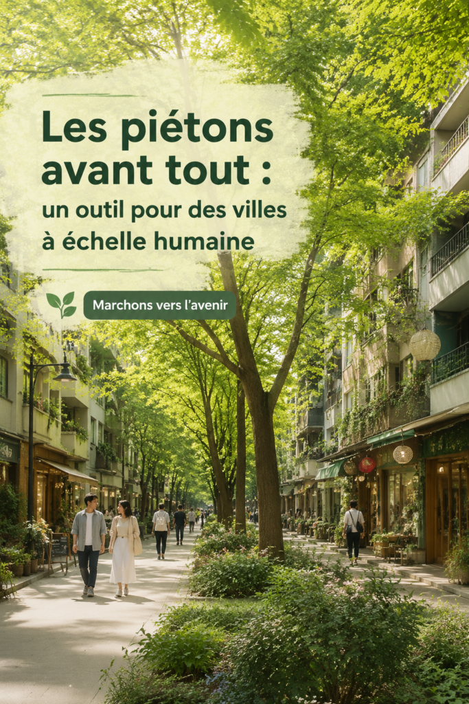 Femme marchant dans une ville accueillante pour les piétons, entourée de verdure et d'infrastructures adaptées.