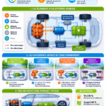 Image d'une voiture hybride en circulation mettant en avant son moteur électrique et à combustion.