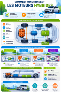 Image d'une voiture hybride en circulation mettant en avant son moteur électrique et à combustion.