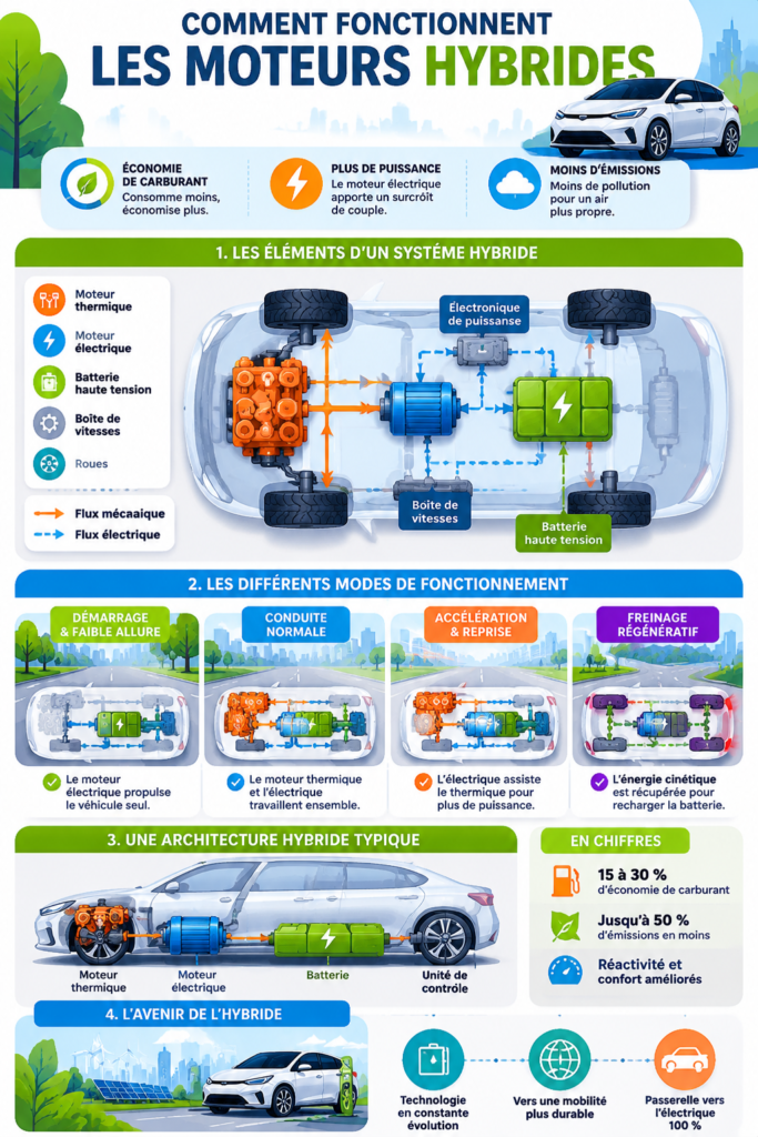 Image d'une voiture hybride en circulation mettant en avant son moteur électrique et à combustion.