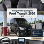 Vue extérieure de la Ford Transit 2020, véhicule spacieux et adapté aux familles.