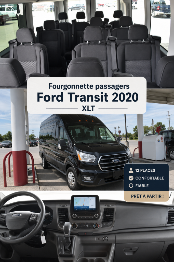 Vue extérieure de la Ford Transit 2020, véhicule spacieux et adapté aux familles.