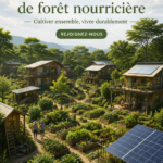 Illustration d'une forêt alimentaire communautaire, réunissant des habitants autour de la culture de plantes