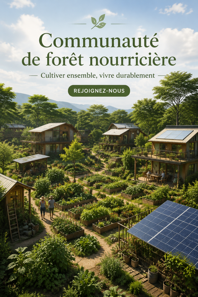 Illustration d'une forêt alimentaire communautaire, réunissant des habitants autour de la culture de plantes