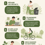 Infographie illustrant un mode de vie écoresponsable avec des gestes simples