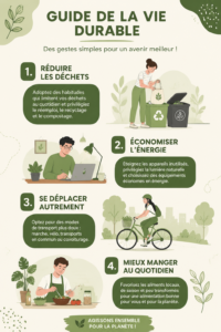 Infographie illustrant un mode de vie écoresponsable avec des gestes simples
