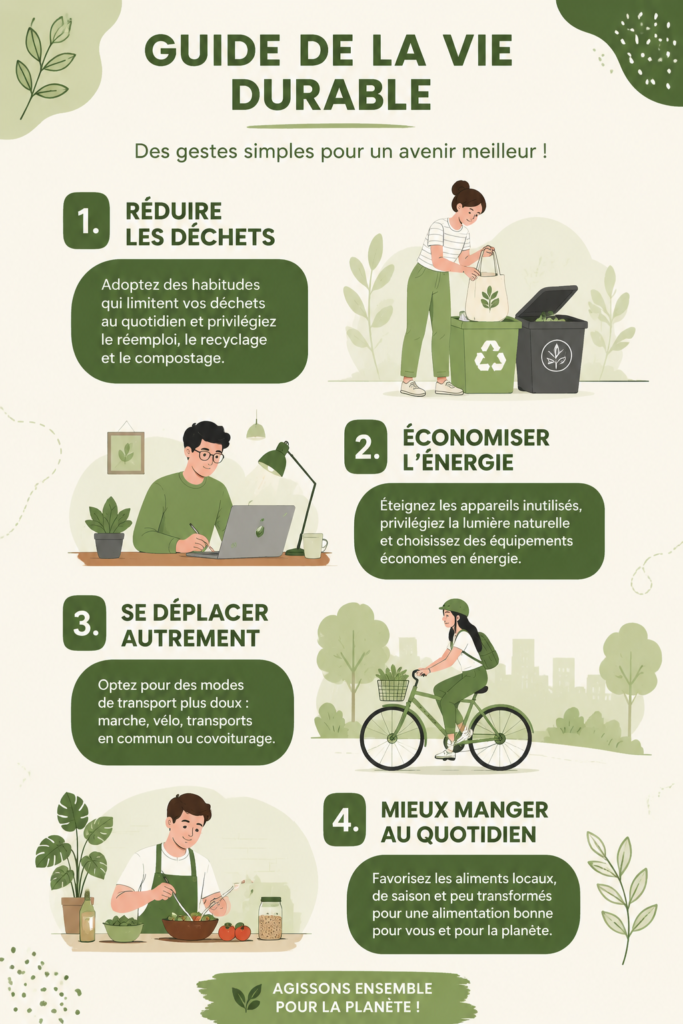Infographie illustrant un mode de vie écoresponsable avec des gestes simples