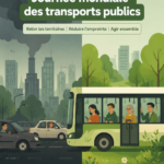 Affiche sur la journée mondiale des transports publics illustrant des bus et des tramways en milieu urbain.