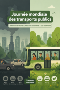 Affiche sur la journée mondiale des transports publics illustrant des bus et des tramways en milieu urbain.