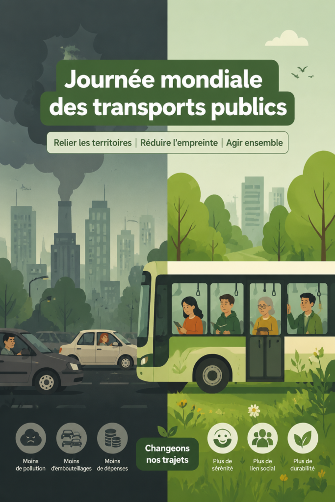 Affiche sur la journée mondiale des transports publics illustrant des bus et des tramways en milieu urbain.