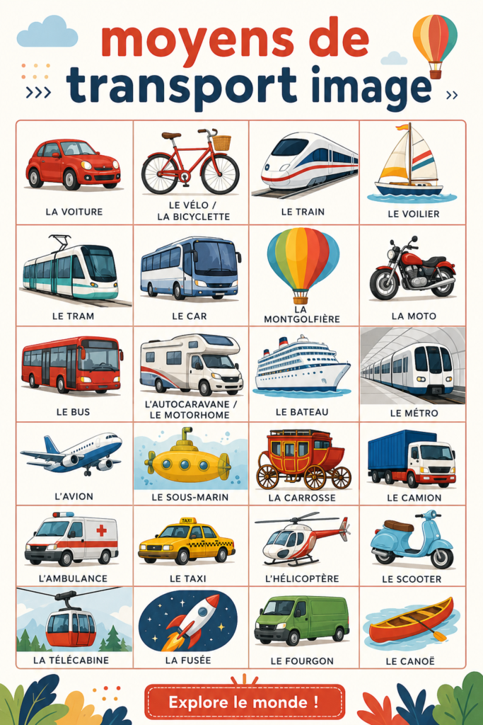 Présentation d'une sélection de différents moyens de transport modernes et traditionnels