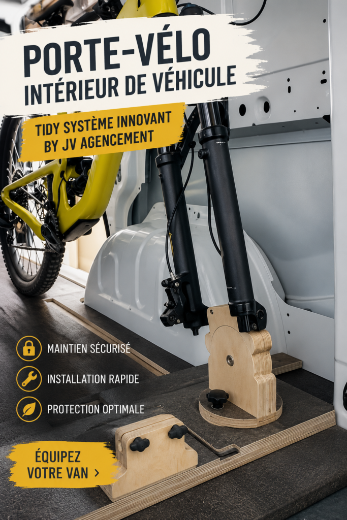 Porte-vélo intérieur installé dans un véhicule, montrant l'espace optimisé pour le transport de vélos.