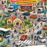Illustration d'une ville avec des routes sécurisées et des piétons prudents.