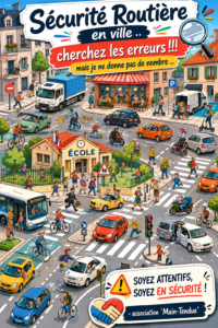 Illustration d'une ville avec des routes sécurisées et des piétons prudents.