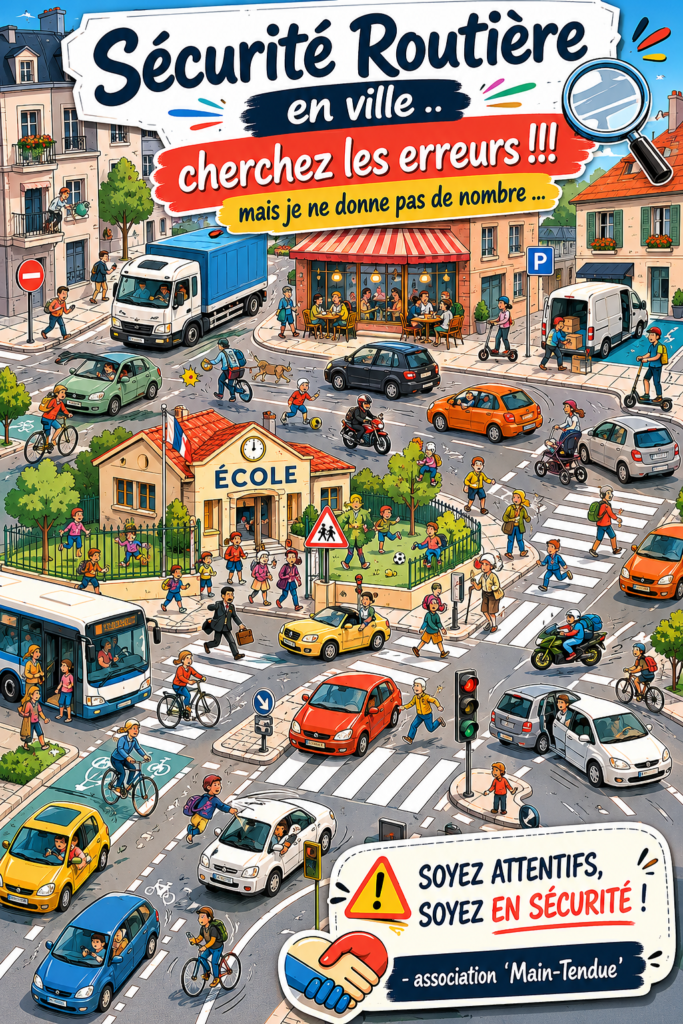 Illustration d'une ville avec des routes sécurisées et des piétons prudents.