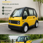 Un tiny EV à une place, idéal pour la ville, garé dans un environnement urbain lumineux.