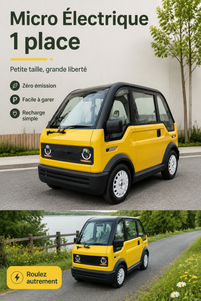 Un tiny EV à une place, idéal pour la ville, garé dans un environnement urbain lumineux.