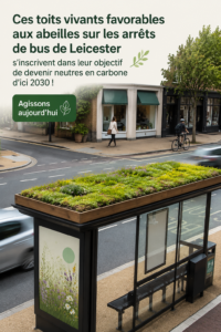 Aperçu d'un abribus avec un toit végétalisé à Leicester, symbolisant l'innovation en matière d'urbanisme écologique.