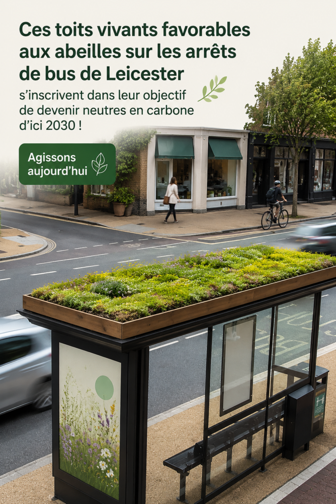 Aperçu d'un abribus avec un toit végétalisé à Leicester, symbolisant l'innovation en matière d'urbanisme écologique.
