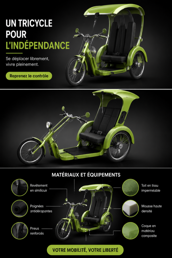 Un trike coloré garé dans un paysage naturel, symbolisant l'indépendance et l'aventure.