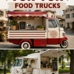 Food truck tuk tuk coloré, parc rempli de visiteurs qui dégustent des plats variés
